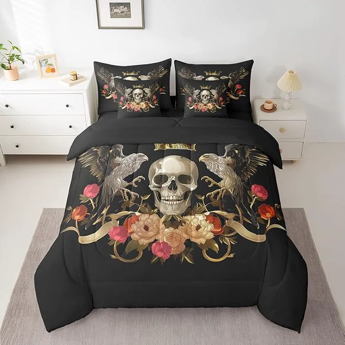 Trendy Erosebridal Sugar Skull Bed in a Bag King Size Comforter Set 7 Pieces Eagle Bedding Sets Bohemian Flowers Sheet Set with Comforter Safe