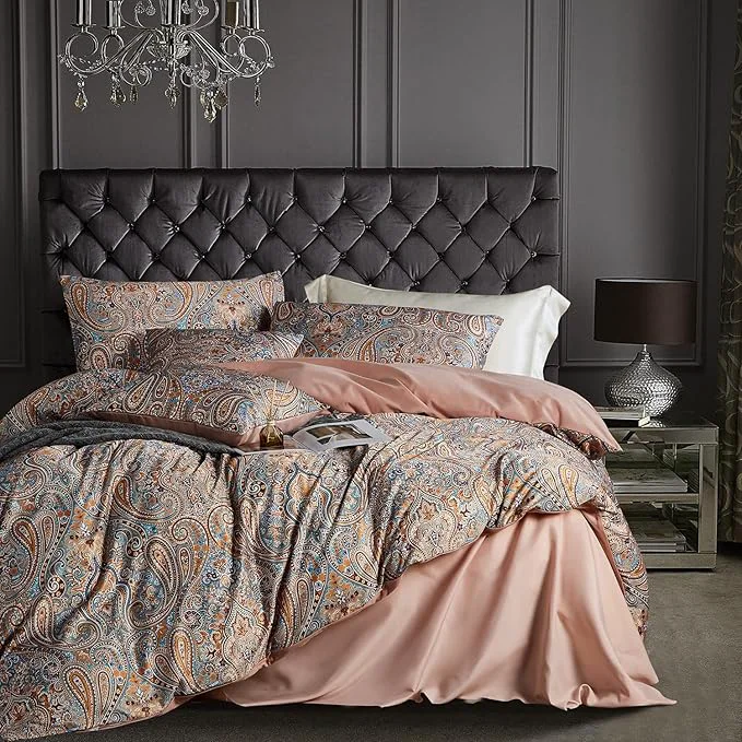 Efficient Gold Duvet Cover Set 5 PCS Medallion Paisley Print Comforter Cover Set Bohemian Pattern Bedding Set Vintage Style Flower Duvet Cover Soft Reversible Design Paisley Queen Artisan