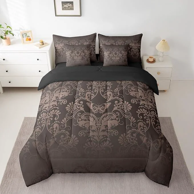 Sophisticated Erosebridal Gothic Damask Bed in a Bag King Size Comforter Set 7 Pieces Butterfly Skull Bedding Sets Black Brown Victorian Floral Goth Sheet Set with Comforter Powerful
