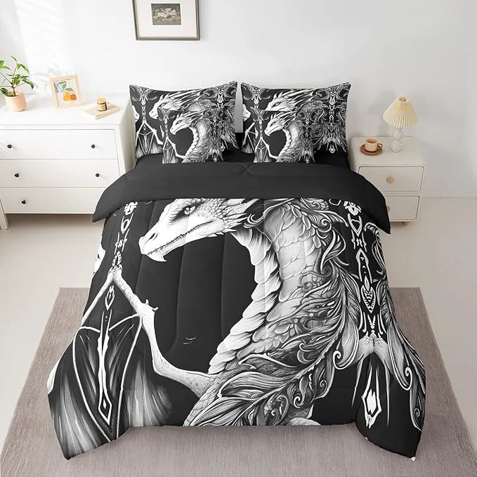 User-Friendly Erosebridal 3D Dragon 7 Piece Comforter Set Full Bed in a Bag Vintage Gothic Black and White Dragon Bedding Sets Antique Wildlife Mythical Animal Sheet Set with Comforter Exclusive