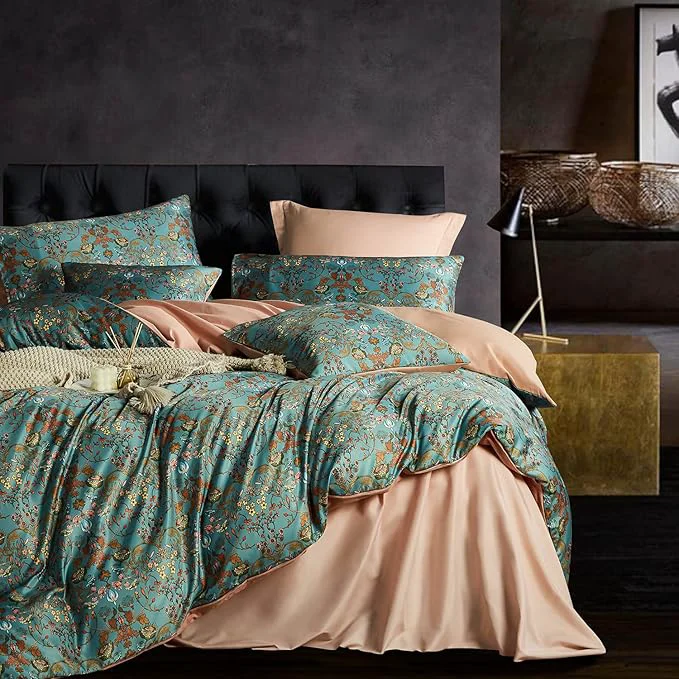 Traditional Vintage Style Duvet Cover Set 5 PCS Boho Comforter Cover Set Paisley Floral Bedding Set Green Floral Duvet Cover King Duvet Cover Soft Reversible Design Autumn King California King Natural