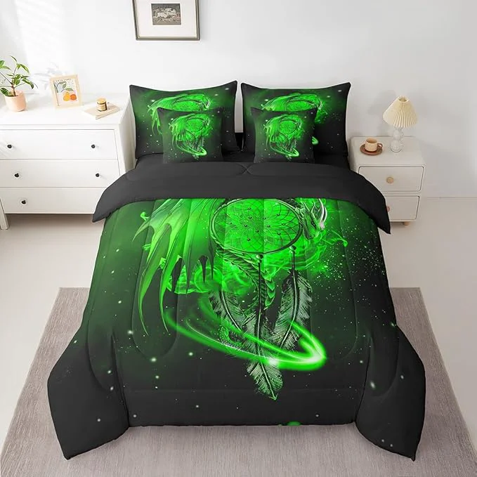 Fast Erosebridal Gothic Dragon Dream Catchers Comforter Set 7 Piece Bed in a Bag Twin Green Galaxy Bohemian Feather Bedding Sets Antique Animal Pterosaur Sheet Set with Comforter Classic