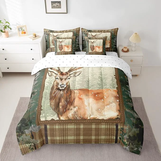 Clean Elk Deer Bed in a Bag Queen Comforter Set 7 Piece Woodland Animals Bedding Sets Camouflage Sheet Set with Comforter Green