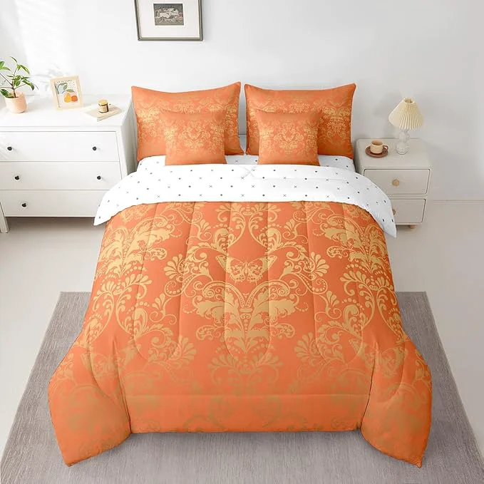Recyclable Erosebridal Gothic Damask 7 Piece Comforter Set Full Bed in a Bag Butterfly Skull Bedding Sets Orange and Yellow Victorian Floral Goth Sheet Set with Comforter Elegant