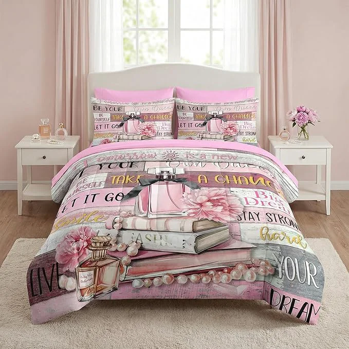 World-Class Nesker Comforter Set Full Size Girly Hot Pink Perfume 7 Pcs Bedding for Kids and Adults Girls Quotes Motivational Book Bed Sheet Sets with Fitted Sheet 2 Pillowcases amp 2 Shams Relaxed
