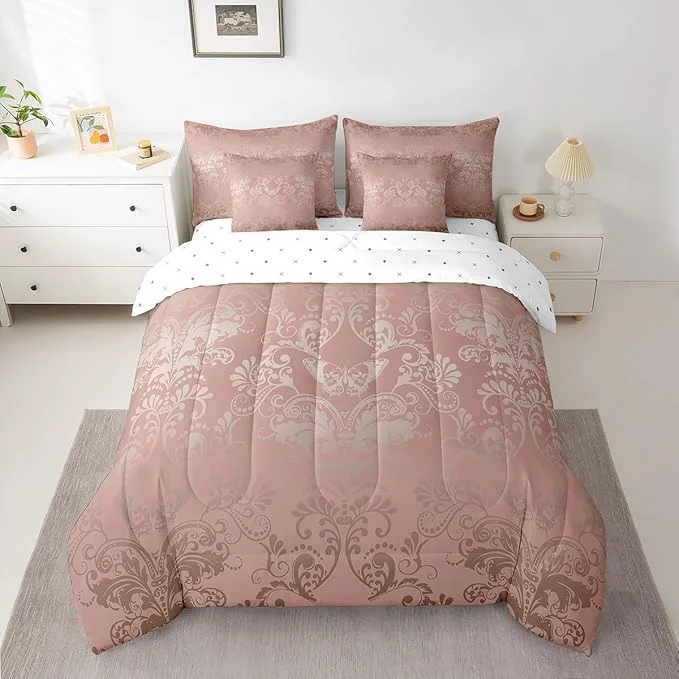 Long-Lasting Erosebridal Gothic Damask Bed in a Bag King Size Comforter Set 7 Pieces Butterfly Skull Bedding Sets Light Pink Victorian Floral Goth Sheet Set with Comforter Powerful