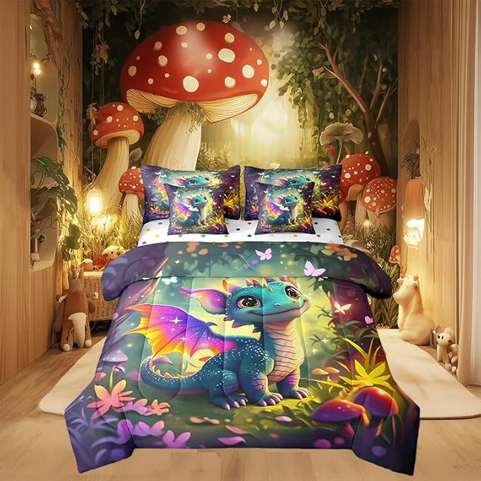 Top-Quality 7 Pieces Full Size Kawaii Dragon Comforter Set Fantasy Fairy Tale Jungle Bedding Set for Kids Room Decor Cartoon al Wildlife Comforter Fitted Flat Sheet 2 Pillowcases 2 Throw Pillow Covers Elegant