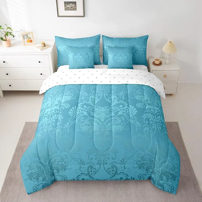 High-Quality Erosebridal Gothic Damask Bed in a Bag King Size Comforter Set 7 Pieces Exotic Moth Bedding Sets Teal Victorian Floral Goth Sheet Set with Comforter Smooth