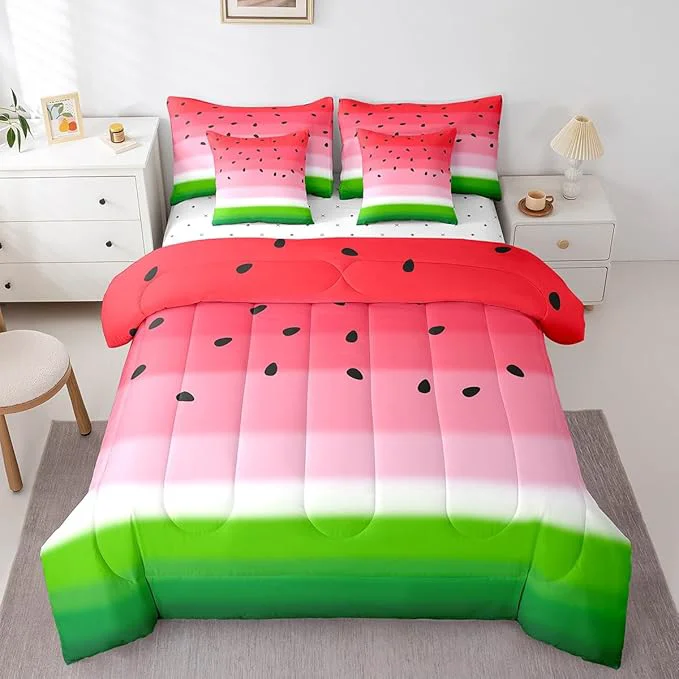 Trusted Castle Fairy 7 Pcs Watermelon Bedding Sets Red Pink Green Stripes Print Comforter Set for Kids Teens Adults All Season Comforter Flat Sheet Fitted Sheet 2 Pillowcases 2 Throw Pillow Covers Queen Quality