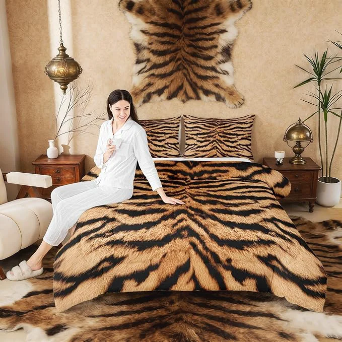 Eco-Friendly 3D Tiger Skin Comforter Set Wild Africa Animals Bedding Set Twin Size Kids Teens Men Adult Home Room Decor Abstract Black Brown Stripes Quilt Set Romantic Vintage Duvet Insert 1 Pillowcase Excellent