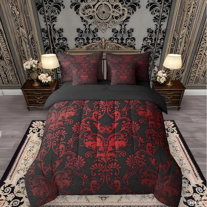 Versatile Erosebridal Gothic Damask 7 Piece Comforter Set Full Bed in a Bag Butterfly Skull Bedding Sets Red Black Victorian Floral Goth Sheet Set with Comforter Luxury
