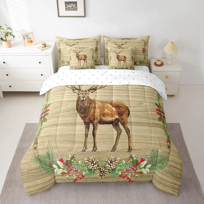Eco-Friendly Elk Deer Bed in a Bag King Size Comforter Set 7 Pieces Woodland Animals Bedding Sets Botanical Pinecone Sheet Set with Comforter Enhanced