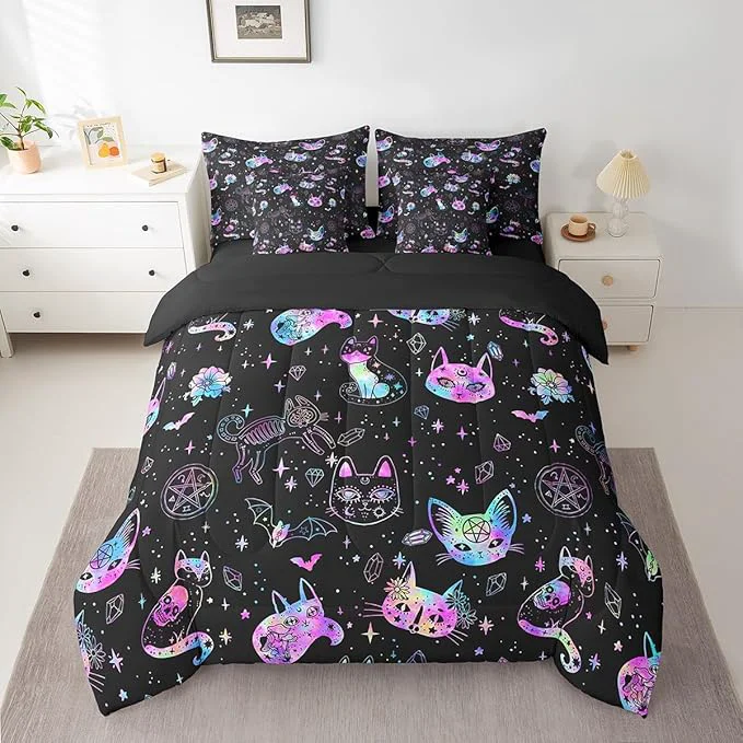 Clean Ombre Cat Skull Comforter Set King Size Black Galaxy Starry Bed Set 7pcs with Comforter Fitted Sheet Flat Sheet 2 Pillowcases 2 Throw Pillow Covers Gothic Constellation Bedding Set Lightweight