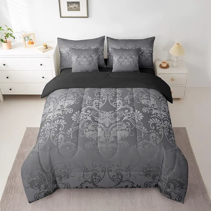 Long-Lasting Erosebridal Gothic Damask Bed in a Bag King Size Comforter Set 7 Pieces Exotic Moth Bedding Sets Silver Gray Victorian Floral Goth Sheet Set with Comforter Enhanced