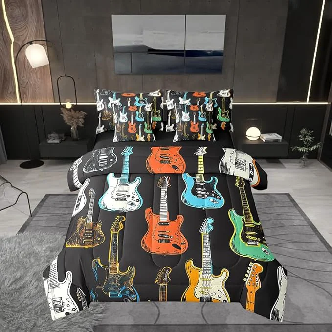 Crafted Castle Fairy Sketch Guitar Bass Comforter Set Musical Instrument 7 Piece Bed Set Full Size for Kids Modern Music Lover Bed in a Bag Bedding Set with Comforter Sheet Set Pillowcases Pillow Covers Powerful