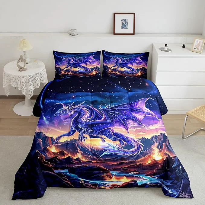 Fine Crafted Dragon Comforter Set Full Size al Animals Bedding Set 3Pcs Kids Girls Boys Teens Room Decor Starry Sky and Flame Mountain Quilt Set Purple Western Wildlife Theme Duvet Insert 2 Pillowcases Fashionable