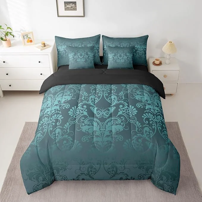 Relaxed Erosebridal Gothic Damask Comforter Set 7 Piece Bed in a Bag Twin Butterfly Skull Bedding Sets Turquoise Victorian Floral Goth Sheet Set with Comforter Quality