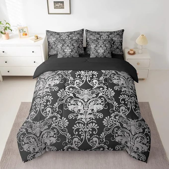 Comfortable Erosebridal Gothic Damask Bed in a Bag Queen Comforter Set 7 Piece Exotic Moth Bedding Sets Black White Victorian Floral Goth Sheet Set with Comforter Official