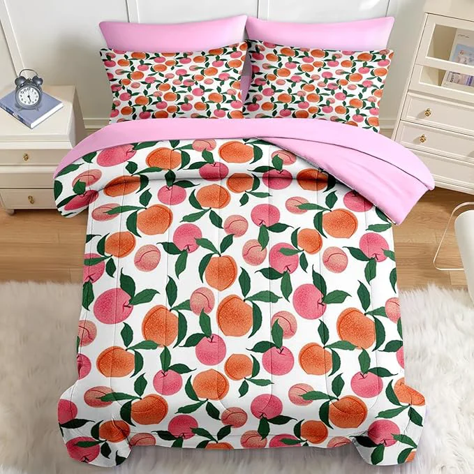 Exclusive Nesker Comforter Set Queen Size Pink Peach 7 Pcs Bedding for Kids and Adults Sweet Fruit Vintage Bed Sheet Sets with Fitted Sheet 2 Pillowcases amp 2 Shams Eco-Friendly