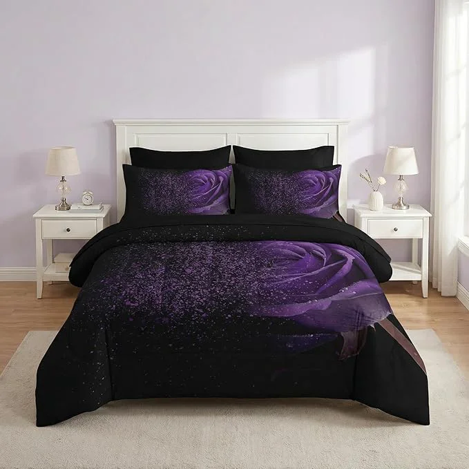 Effective Nesker Comforter Set Full Size Purple Rose 7 Pcs Bedding for Kids and Adults Fantasy Dream Flower Bed Sheet Sets with Fitted Sheet 2 Pillowcases amp 2 Shams Solid