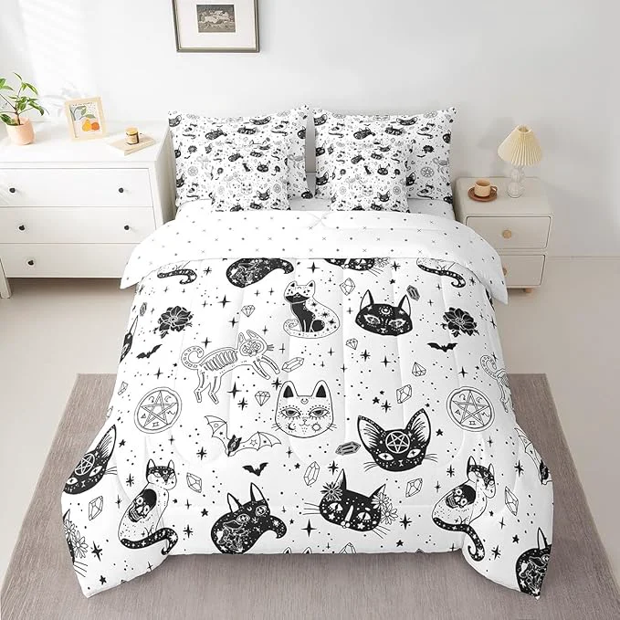 Relaxed Cat Skeleton Bedding Set Black White Wildlifes King Comforter Set with Sheets for Kids Boys Girls Teens Room Decor Mysterious Constellation Bed in a Bag 7 Piece for Bedroom Living Room Contemporary