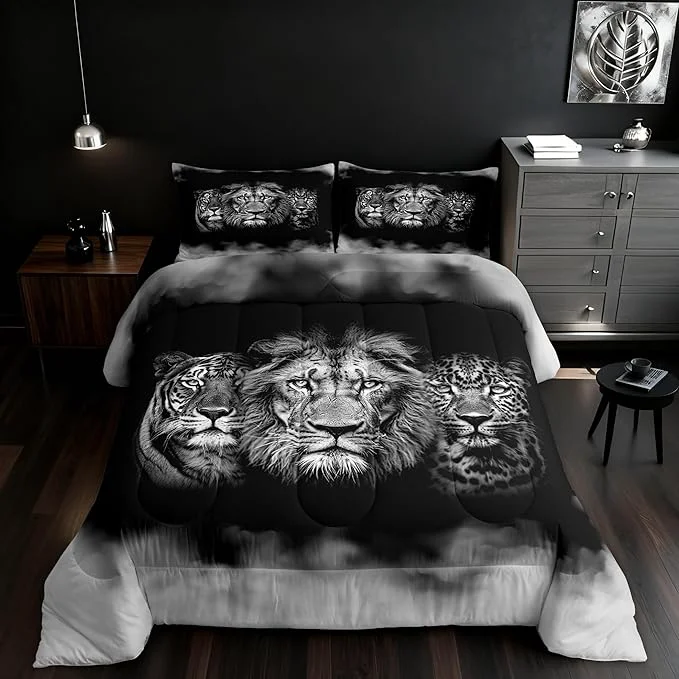 Carefully Designed Wild Animals Comforter Set Queen Size Tiger Lion Leopard 3D Bedding Set 3pcs for Kids Boys Men Home Room Decor Black White Smog Quilt Set Modern Microfiber Duvet Insert with 2 Pillowcases Lightweight