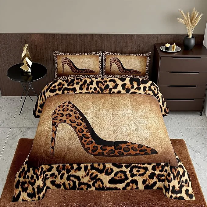 Certified Leopard High Heels Bedding Set Full Size Romantic Mandala Floral Comforter Set 3pcs for Kids Girls Women Adult Room Decor Wild Animals Skin Quilt Set Fashion Brown Duvet Insert 2 Pillowcases Healthy