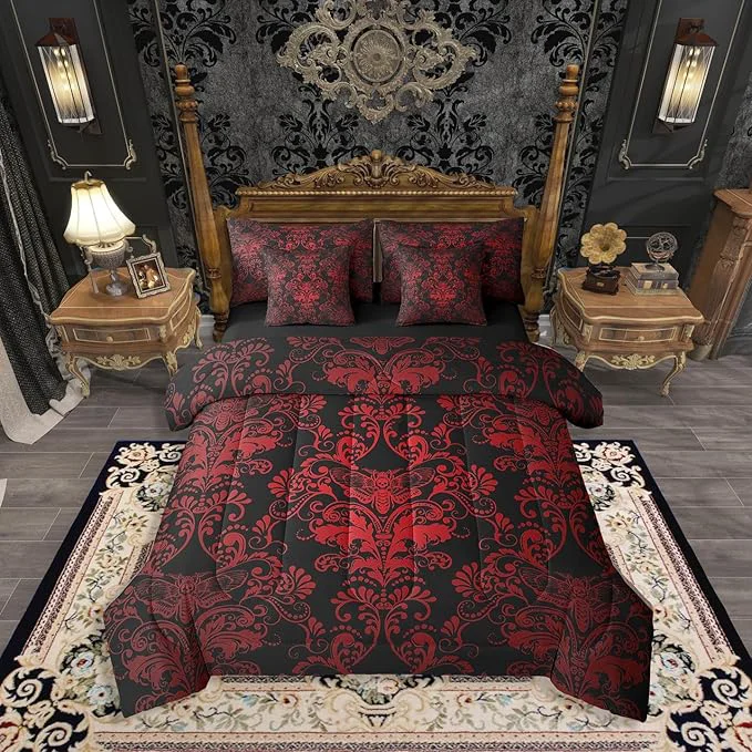 Clean Erosebridal Gothic Damask Comforter Set 7 Piece Bed in a Bag Twin Exotic Moth Bedding Sets Red Black Victorian Floral Goth Sheet Set with Comforter High-Grade