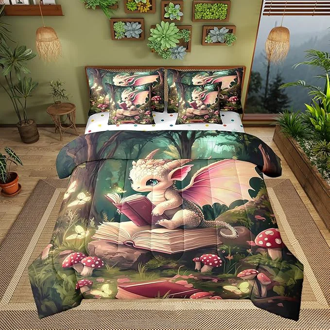 Stylish al Dragon Wildlife Comforter Set Childlike Fairy Tale 7 Piece Bed Set Twin Size for Kids Cute Jungle Mushroom Bed in a Bag Bedding Set with Comforter Sheet Set Pillowcases Pillow Covers Luxury