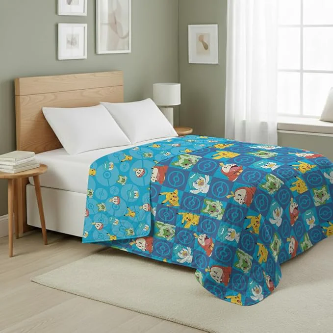 Official Pokemon Power Squares Full Queen Quilted Throw Blanket Adults Boys Girls Soft Lightweight Bedding for Bed or Couch 90 x 90 inches Certified