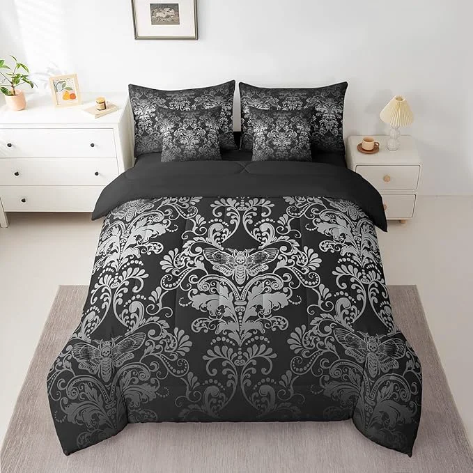 Efficient Erosebridal Gothic Damask Bed in a Bag Queen Comforter Set 7 Piece Exotic Moth Bedding Sets White Black Victorian Floral Goth Sheet Set with Comforter Functional