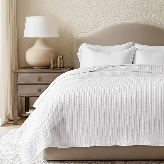Carefully Designed EVERGRACEHOME Cotton Sateen Quilt Set Queen Size Pre-Washed Cotton Channel Stitch Coverlet Bedspread 3 Pieces Lightweight Soft Bedding Sets for All Season with 2 Pillow Shams Bright White Specialty