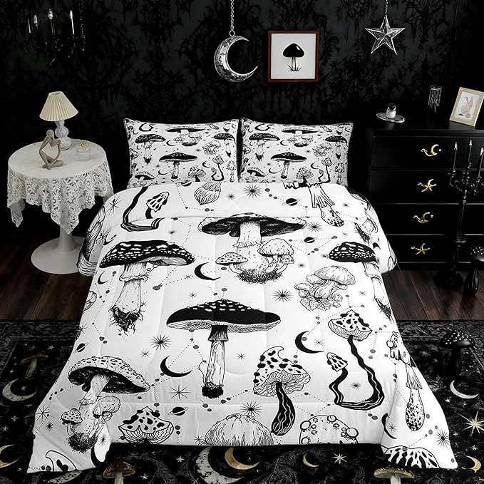 Classic Wild Mushroom Comforter Set Queen Size Abstract Sun Moon Starry Quilt Set Gothic Plants Bedding Set for Kids Boys Teens Room Decor Black White Sketch Style Duvet Insert with 2 Pillowcases Artisan