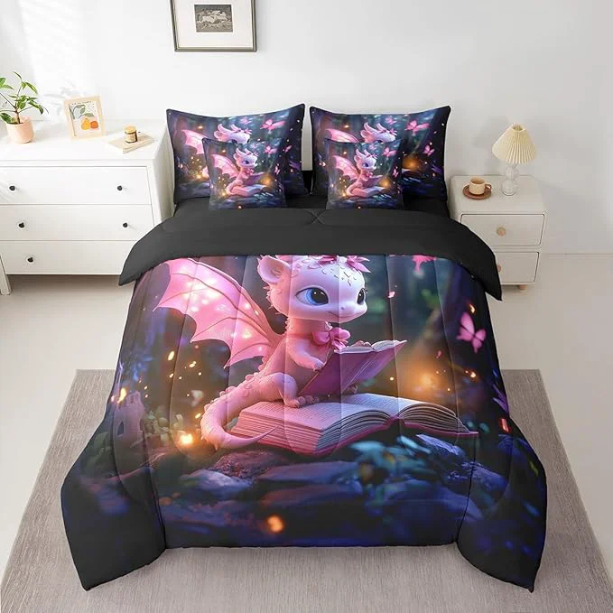 Casual Castle Fairy 3D Western Dragon Comforter Set for Room Decor al Jungle Animal Bedding Set King Size 7 Pcs Sparkling Pink Butterfly Bed in a Bag with Comforter Sheets Pillowcases amp Cushion Cover Enhanced