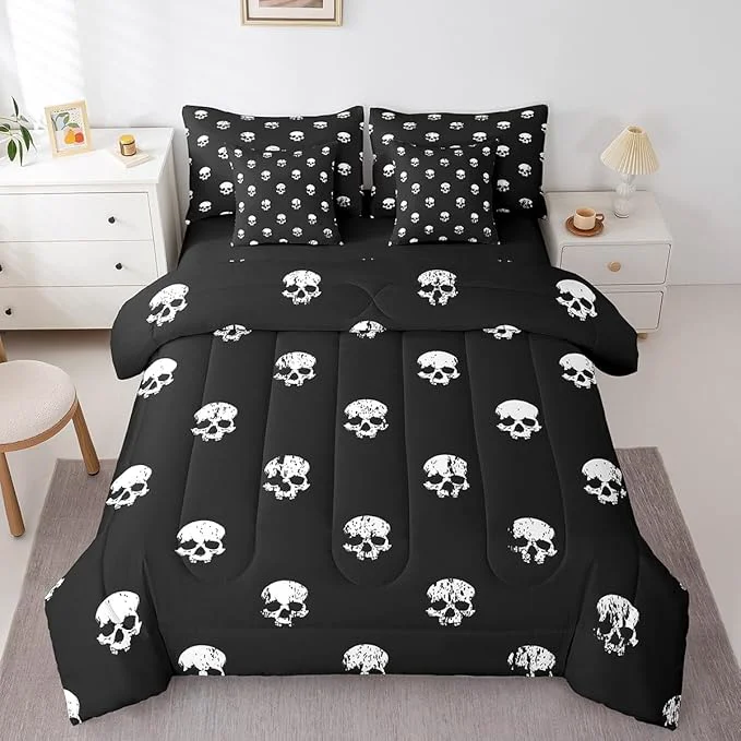 Innovative Skull Decor Bedding Sets Queen Size Gothic Horror Halloween Decorative Comforter Set for Kids Teens Adults All Season Comforter Flat Sheet Fitted Sheet 2 Pillowcases 2 Pillow Covers 7 Pcs Traditional