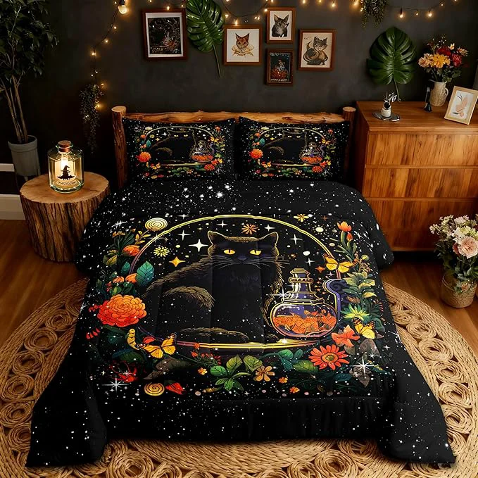 Original Design Kids Cartoon Cat Bedding Set Twin Size Colorful Flower Butterfly Leaves Botanical Comforter Set Bright Starry Sky Girls Boys Quilt Set Black Pet Animals Duvet Insert Boho Style 1 Pillowcase Elite