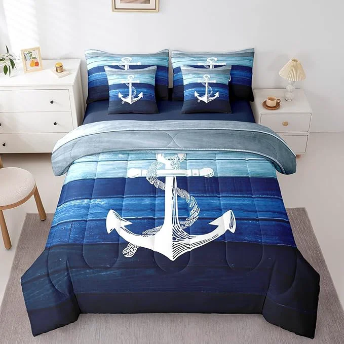 Unique Castle Fairy Sailing Anchor Bedding Sets with Sheets Comforter Pillowcases Pillow Covers 7 Pcs Nautical Theme Simple Decorative Comforter Set for Kids Teens Adults Bedroom Dorm Bed Set King Size Top-Quality