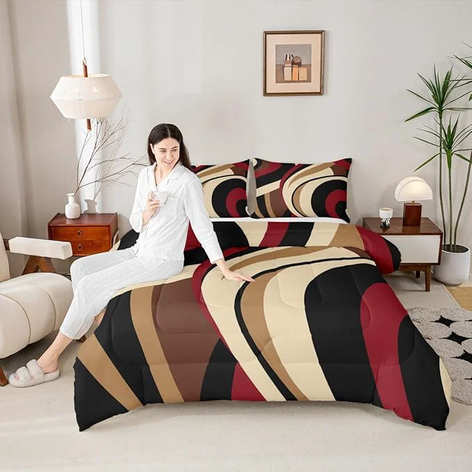 Durable Black Red Brown Comforter Set Twin Size Vintage Abstract Stripes Bedding Set for Kids Girls Women Adult Bedroom Decor Geometric Circle Waves Quilt Set Soft Polyester Duvet Insert 2pcs Superior