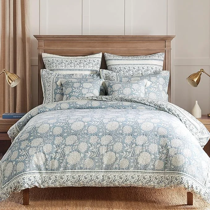Versatile Levtex Home Adare Blue Reversible Queen Duvet Cover Set 90x94in with 2 Pillowcases 26x20in - Floral Bedding - Blue and White - Cotton Queen Size Duvet Cover Set - Soft Pre-Washed Powerful