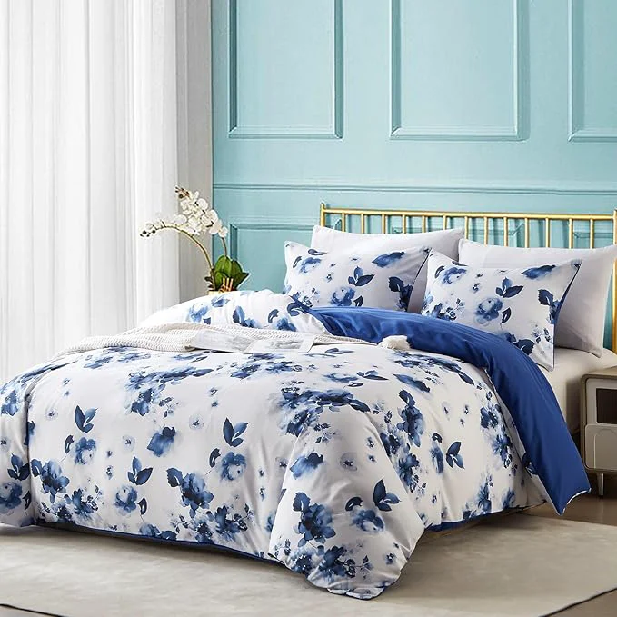 Green Cupocupa Queen Duvet Cover Set - 3pc Blue Floral Art Deco Bedding - Soft Botanical Print Polyester Duvet Cover with 2 Pillowcases - All Season Reversible Comforter Cover Queen Blue Floral Contemporary