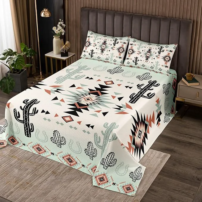 Innovative Manfei Geometric Aztec Kid Bedspread King Size Horseshoe Cactus Western Cowboy Coverlet Set Boys Girls Room Decor Southwest Rustic Lodge Quilted Coverlet Farmhouse Vintage Bedding Quilt 2 Pillowcases Prestigious