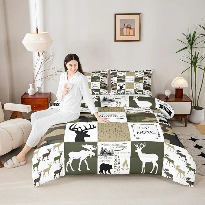 Fine Grid Comforter Set King Size for Kids Teens Boys Room Decor Camo Deer Antler Arrows Bedding Set Outdoor Adventure Quilt Set Bear Elk Animal Duvet Insert with 2 Pillowcases Army Green White Crafted