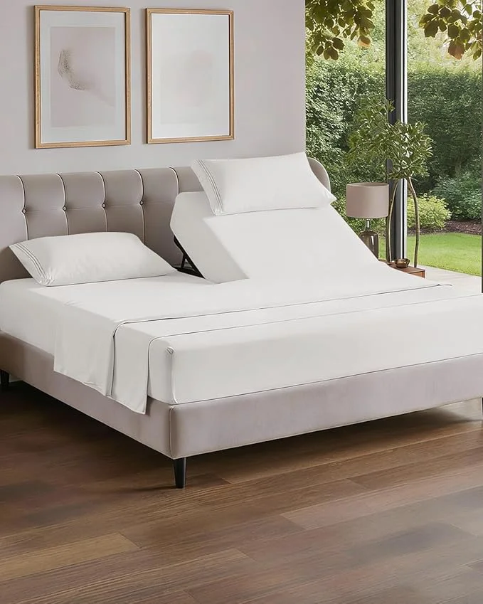 Pure Flex Top Split Head King 4 Piece Sheet Set - Comfy Breathable amp Cooling Bed Sheets Set - Hotel Luxury Bedding for Women Men Kids Teens Boys amp Girls - Deep Pockets Soft Oeko-Tex - Antique White Sustainable