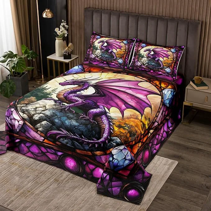 Manfei Western Dragon Kids Bedspread King Size Purple Dragon Pine Trees Natural Coverlet Set Boys Girls Room Decor Glass Painting Geometric Quilted Coverlet Unique Fashion Bedding Quilt 2 Pillowcases Eco-Friendly