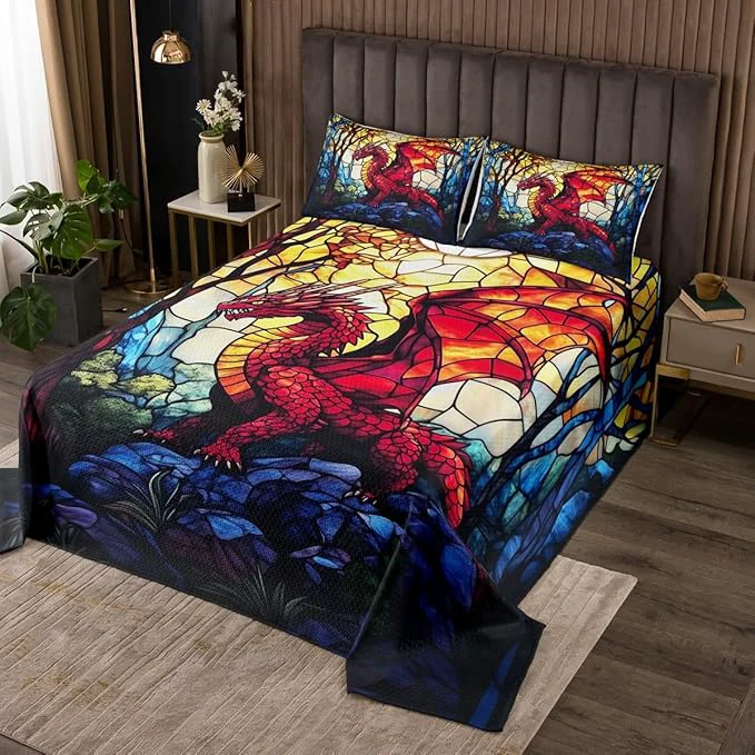 Contemporary Western Dragon Kids Bedspread King Size Pine Tree Artwork Life Glass Dragon Coverlet Set Boys Girls Room Decor Geometric Patchwork Abstract Quilted Coverlet Red Retro Bedding Quilt 2 Pillowcases Superior