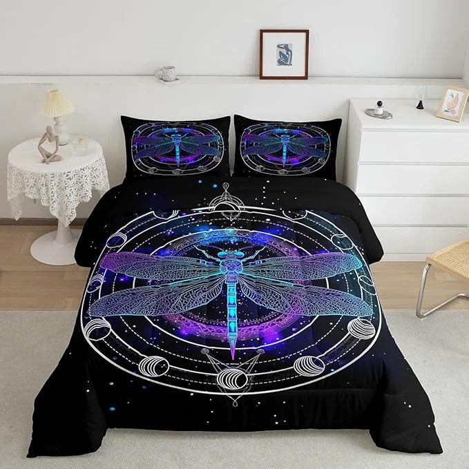 High-Performance Death Dragonfly Comforter Set Queen Gothic Sun Moon Bedding Set for Kids Teens Boys Girls Room Decor Galaxy Universe Duvet Insert Trippy Geometric Quilted Duvet Set with 2 Pillowcases Black Purple Excellent
