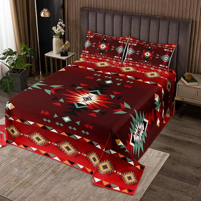 Authentic Manfei Geometric Aztec Kids Bedspread Queen Size Western Cowboy Arrow Rustic Farmhouse Coverlet Set Boys Girls Room Decor Southwest Boho Tribal Quilted Coverlet Red Black Bedding Quilt 2 Pillowcases Certified