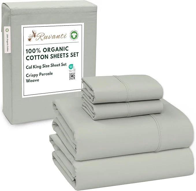 Innovative RUVANTI Organic Cotton Sheets California King Percale Weave GOTS 4-Piece Set Deep Pocket 13 quot Crisp amp Breathable Soft Durable Bedding Sábanas Algodón Orgánico – Mineral Gray Premium Material