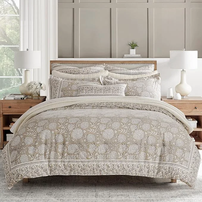 Versatile Levtex Home Adare Taupe Reversible King Duvet Cover Set 106x94in with 2 Pillowcases 36x20in - Floral Bedding - Taupe and White - Cotton King Size Duvet Cover Set - Soft Pre-Washed Next-Generation