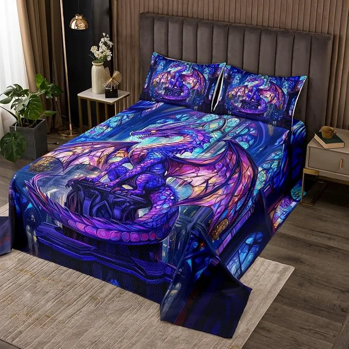 Relaxed Western Dragon Kids Bedspread Twin Size Flying Wing Purple Dragon Coverlet Set Boys Girls Room Decor Castle Tale Trippy Animal Geometric Quilted Coverlet Blue Christmas Bedding Quilt 1 Pillowcase Top-Quality